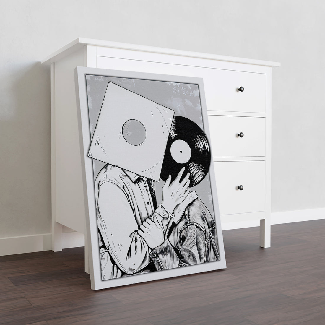 This modern vinyl record wall art features a unique black and white music canvas print, perfect for adding a touch of style to your living room, sofa backdrop, bedside, or any other space in your home. The sleek design and high-quality materials make it a great addition to any home decor.