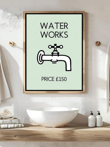 Transform your bathroom into a gallery-worthy space with this Modern Water Works Monopoly Art Print. Featuring a striking graphic and letter design, this versatile piece works beautifully in bathrooms, offices, or any room needing a contemporary touch. Choose between framed or unframed canvas options to match your style. The waterproof material ensures durability in moisture-prone areas, while the removable design lets you update your decor whenever inspiration strikes. An ideal gift for art lovers and home