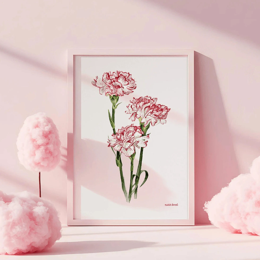 Carnation botanical print in a white frame with soft pink decor accents