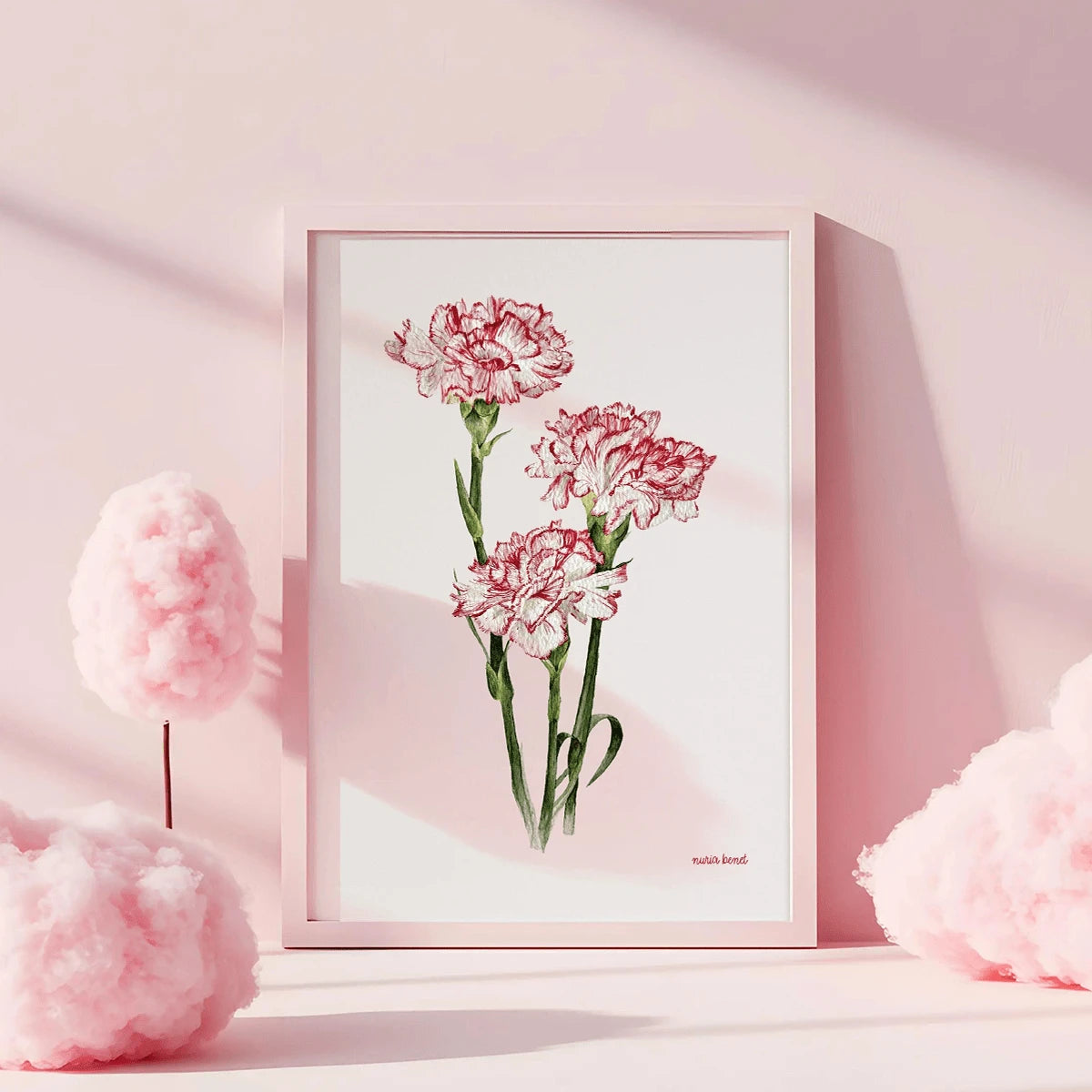 Carnation botanical print in a white frame with soft pink decor accents