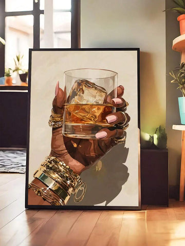 Cocktail wall art with glamorous hand holding amber whiskey drink and jewelry