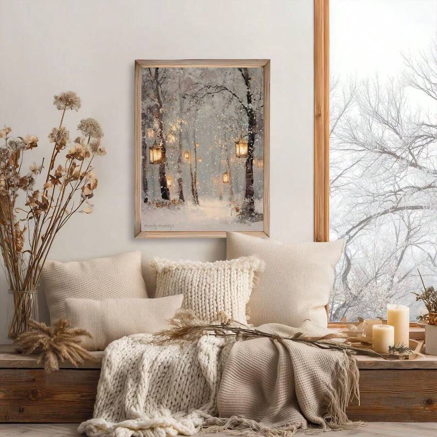 Snowy forest lantern canvas print above knit cushions in a neutral winter window nook