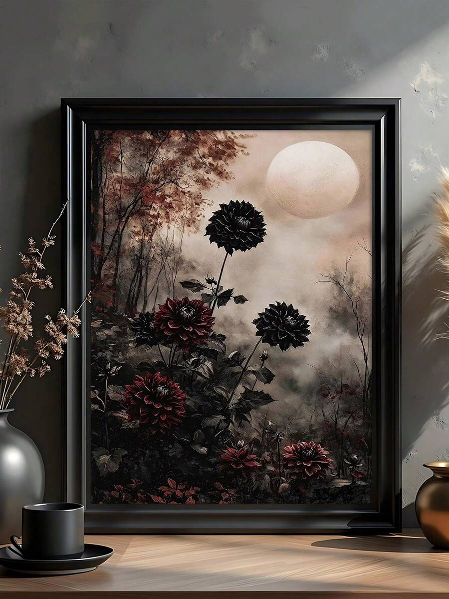 Dark dahlia floral wall art beneath a pale moon in a misty forest
