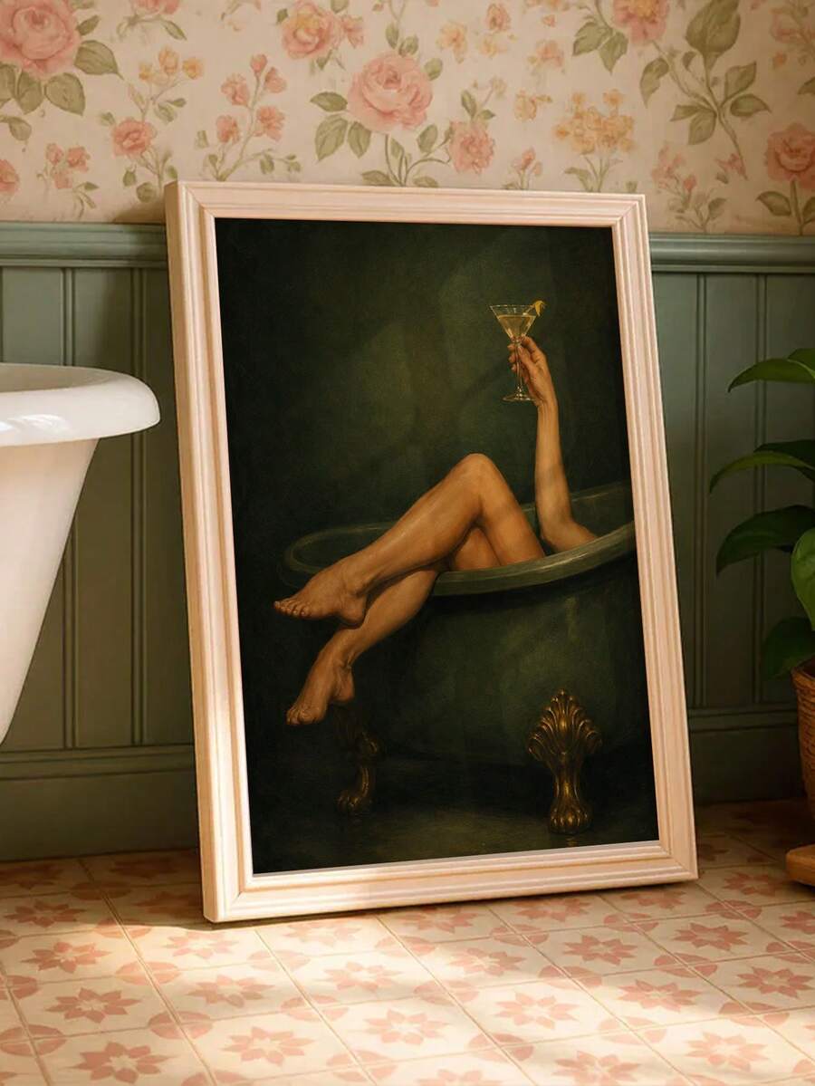 Framed moody green bathroom canvas poster showing a woman reclining in a bathtub with a martini glass