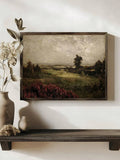 Moody countryside landscape with burgundy heather in dark wood frame