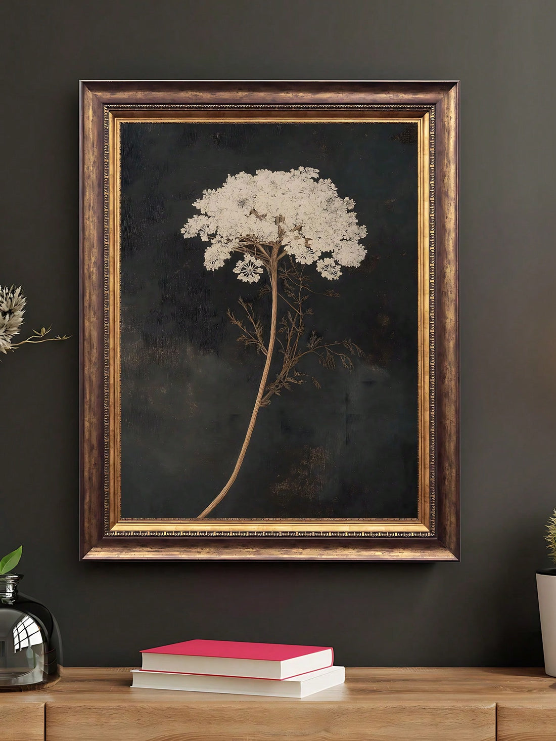 Elevate your interior with this striking moody floral vintage wall art, featuring a dark botanical pumpkin print that brings sophisticated charm to any rustic space. 
