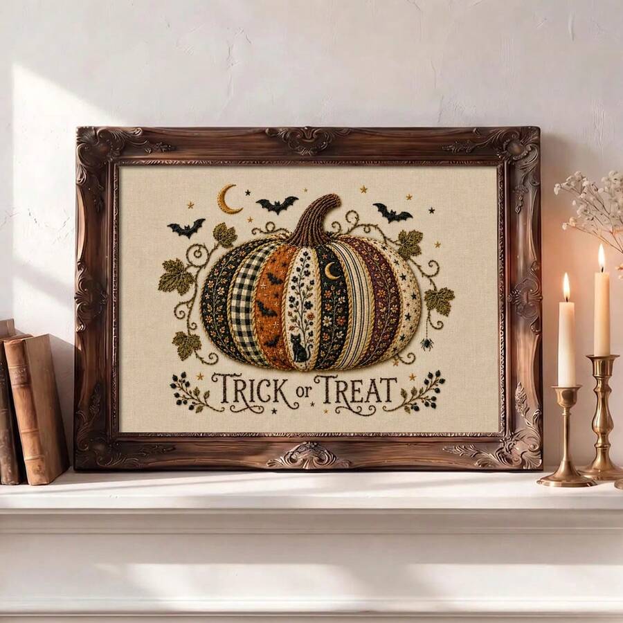 Trick or Treat pumpkin canvas poster on Halloween mantel