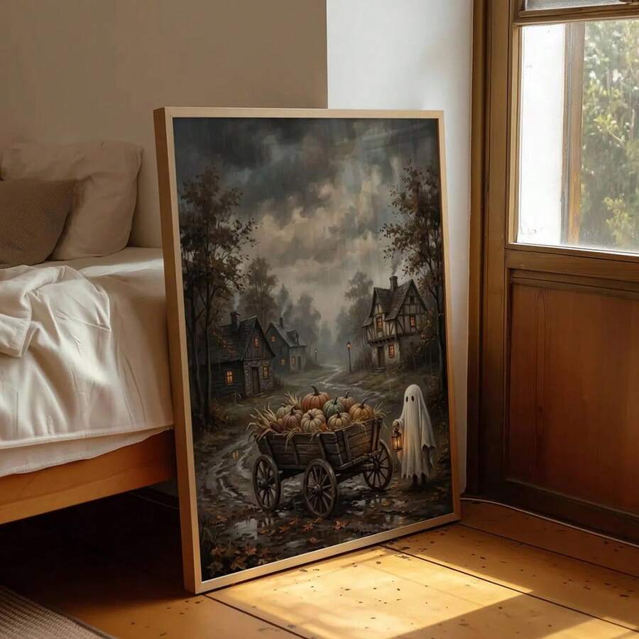 Vintage ghost and pumpkin wagon artwork in a gold-tone frame above a fireplace mantel
