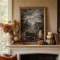 Vintage ghost and pumpkin wagon artwork in a gold-tone frame above a fireplace mantel