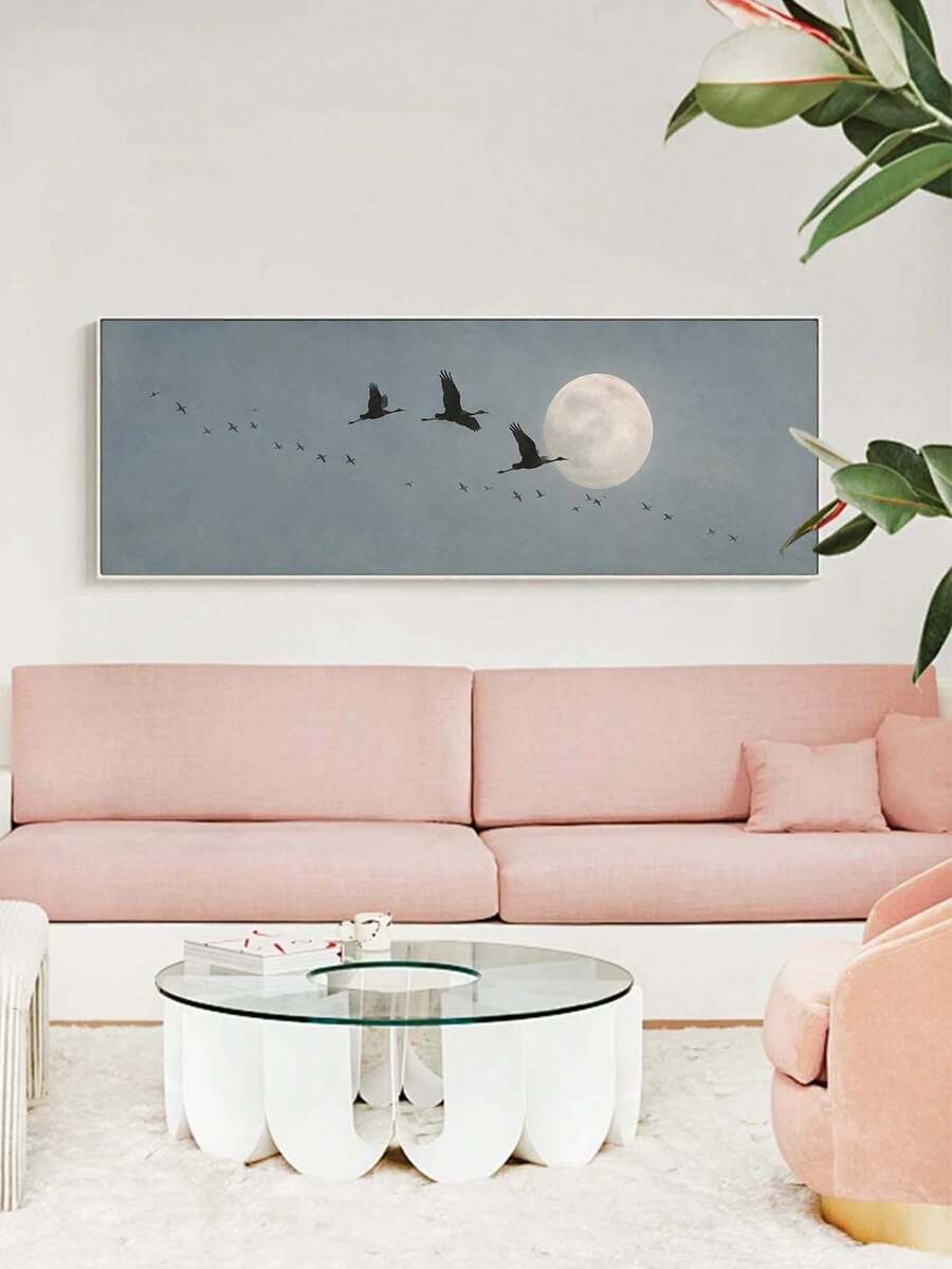 Moon And Flying Birds Minimalist Nature Blue Night Sky Scandinavian Canvas Poster 