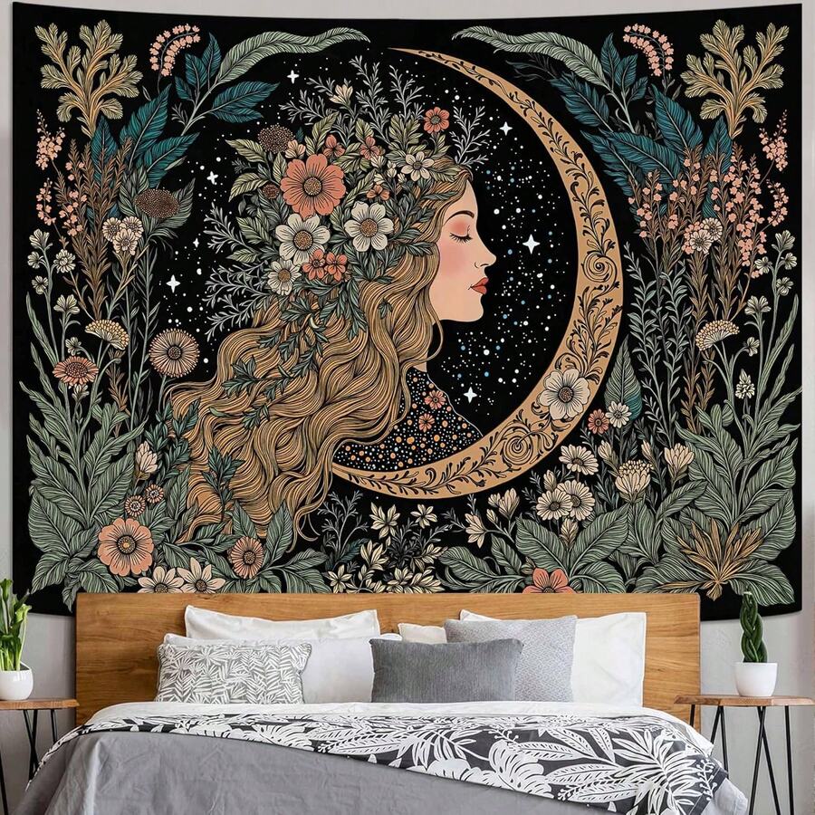 Moon girl floral tapestry displayed above bedroom bed