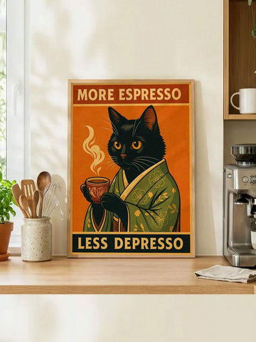 More Espresso Less Depresso black cat vintage coffee canvas poster in rust olive and cream