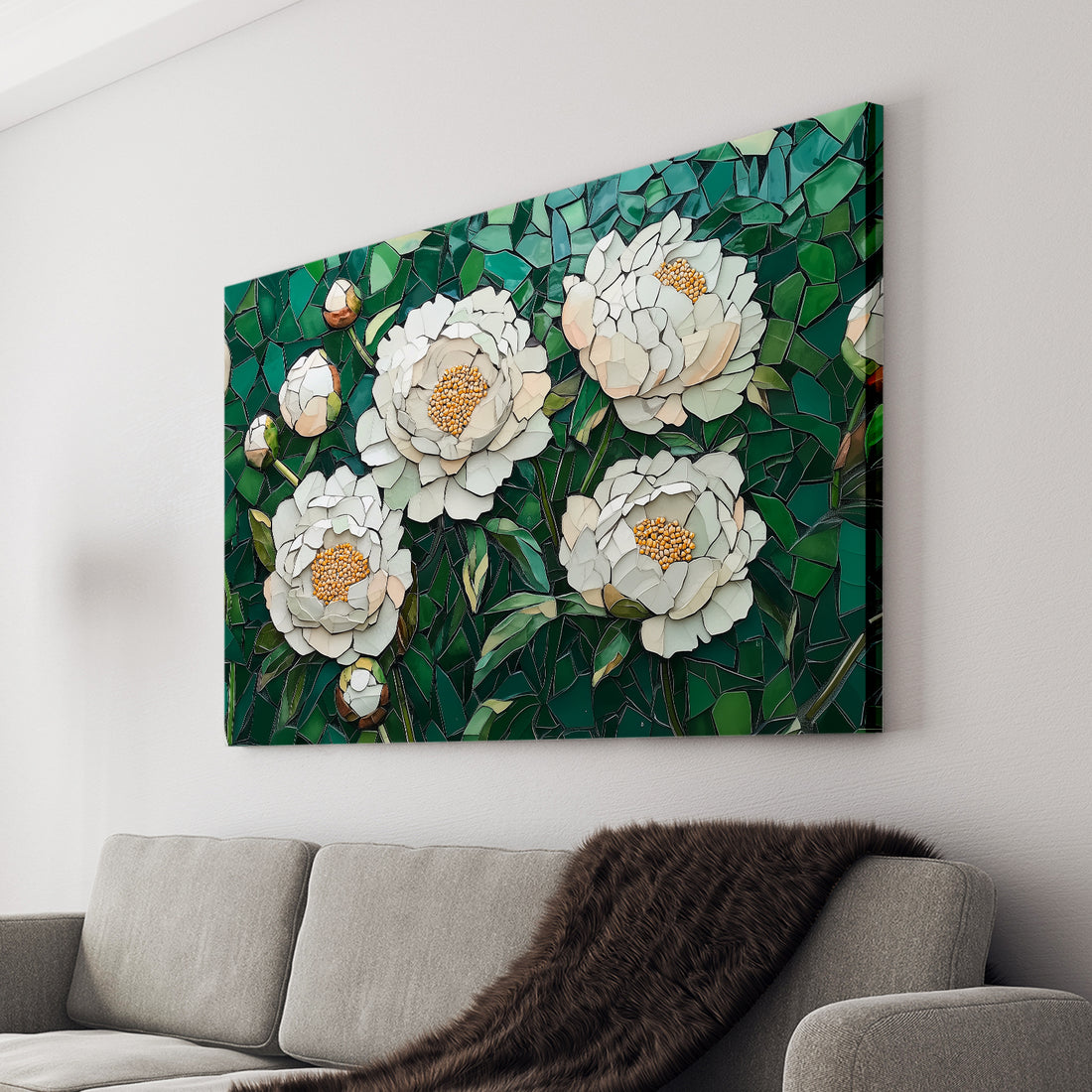 Enhance your living space with our Mosaic Wall Art Canvas Print featuring stunning white peony flowers against a green background. The perfect addition to any living room, sofa backdrop, or bedside for a touch of natural beauty. Bring your home decor to life with this elegant and versatile piece.