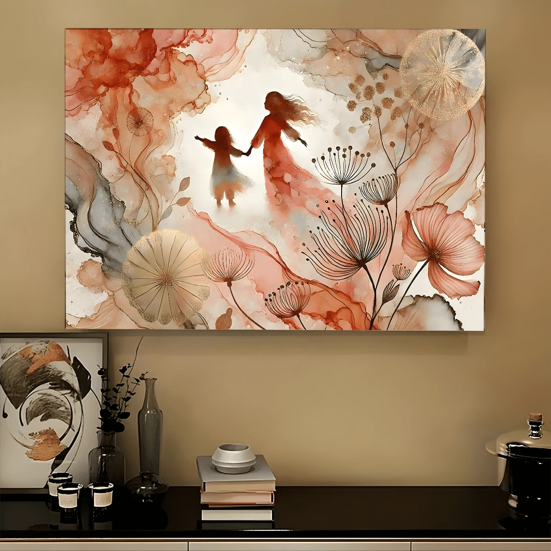 Watercolor mother and daughter holding hands among flowing floral forms