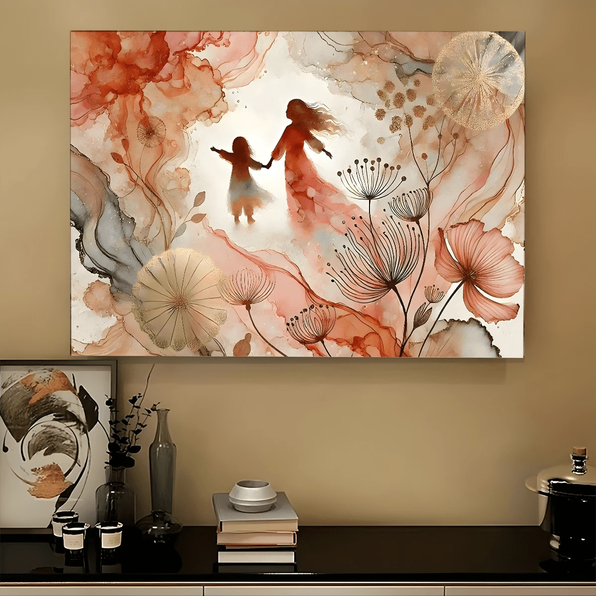 Watercolor mother and daughter holding hands among flowing floral forms