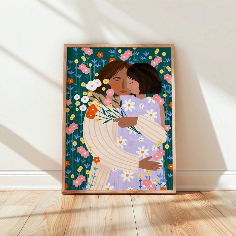 Mother's Day Hug In Colorful Flower Field Vintage Canvas Poster