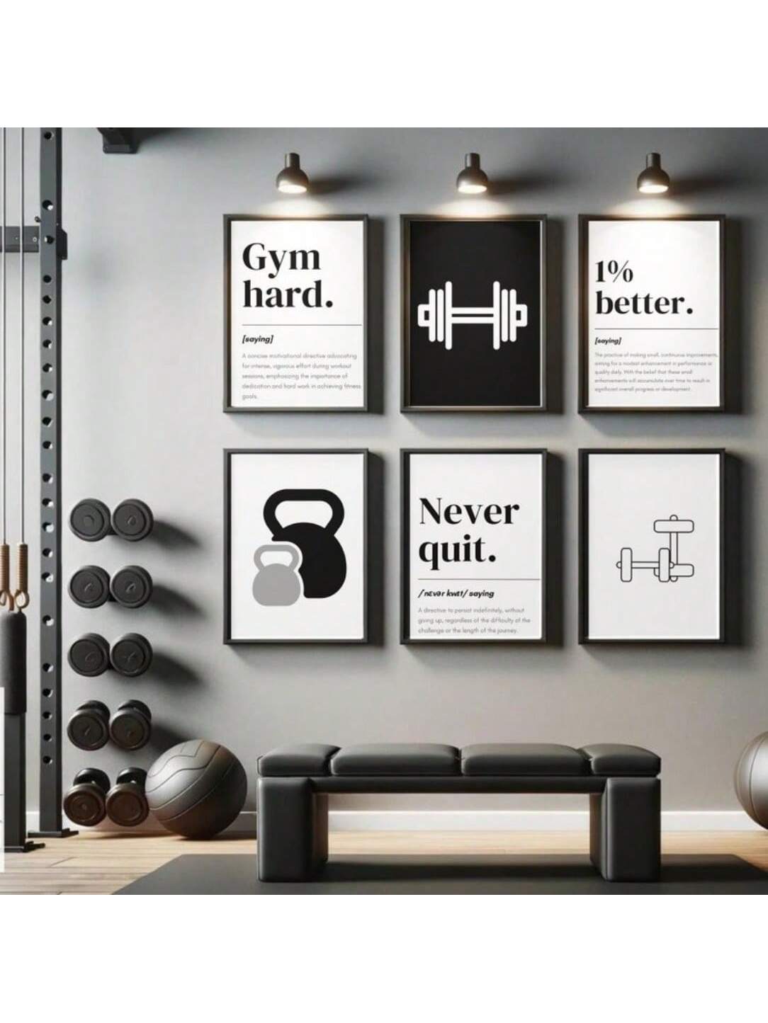 Boost your home gym with our Motivational Gym Wall Art Set! This set includes 6 art deco frameless posters, perfect for decorating your workout space. With inspiring messages and stylish designs, these posters will keep you motivated and focused on reaching your fitness goals. Elevate your gym decor and your workouts with our art set.