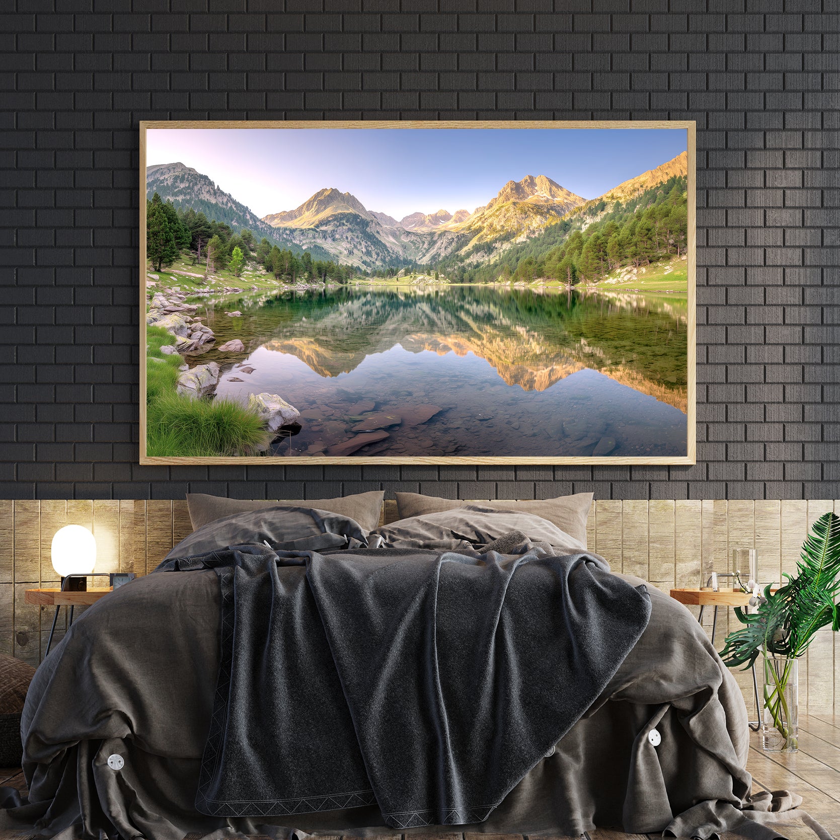Capture the serene beauty of alpine landscapes with this stunning mountain lake canvas wall art. Featuring a breathtaking reflection scene where towering peaks mirror perfectly in tranquil waters, this piece brings nature's majesty into your home. The expertly composed alpine imagery creates a calming focal point ideal for living rooms, above sofas, or beside bedroom spaces.