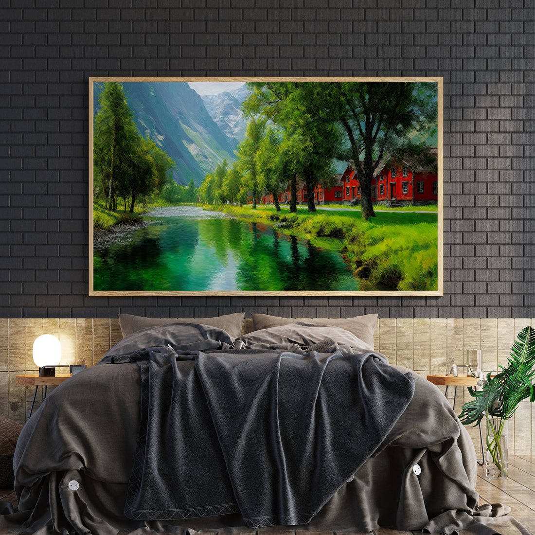 Bring serene natural beauty into your home with this stunning mountain lake landscape canvas. Featuring a picturesque scene of majestic peaks reflected in tranquil waters, complemented by a charming red cabin nestled in the scenery, this piece captures the essence of wilderness tranquility. The expertly composed artwork creates a focal point that transforms any room—whether displayed above your sofa, beside your bed, or in your living space.