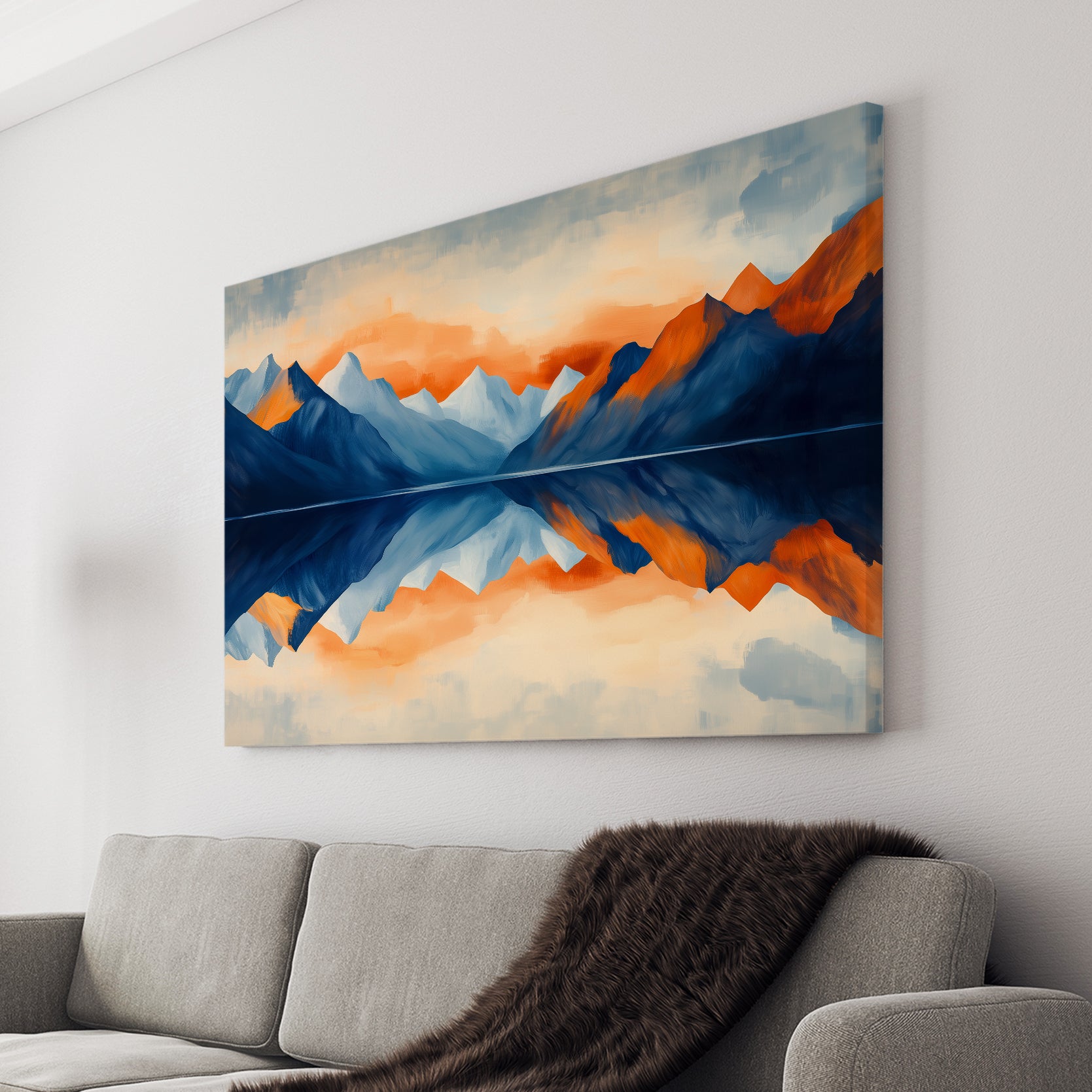 Elevate your living space with our Mountain Lake Reflection Canvas Wall Art. Immerse yourself in a stunning blue and orange sunset landscape captured in a modern nature print. Perfect for your living room, sofa backdrop, bedside, or home decor, this piece will add a touch of sophistication and serenity to any room.
