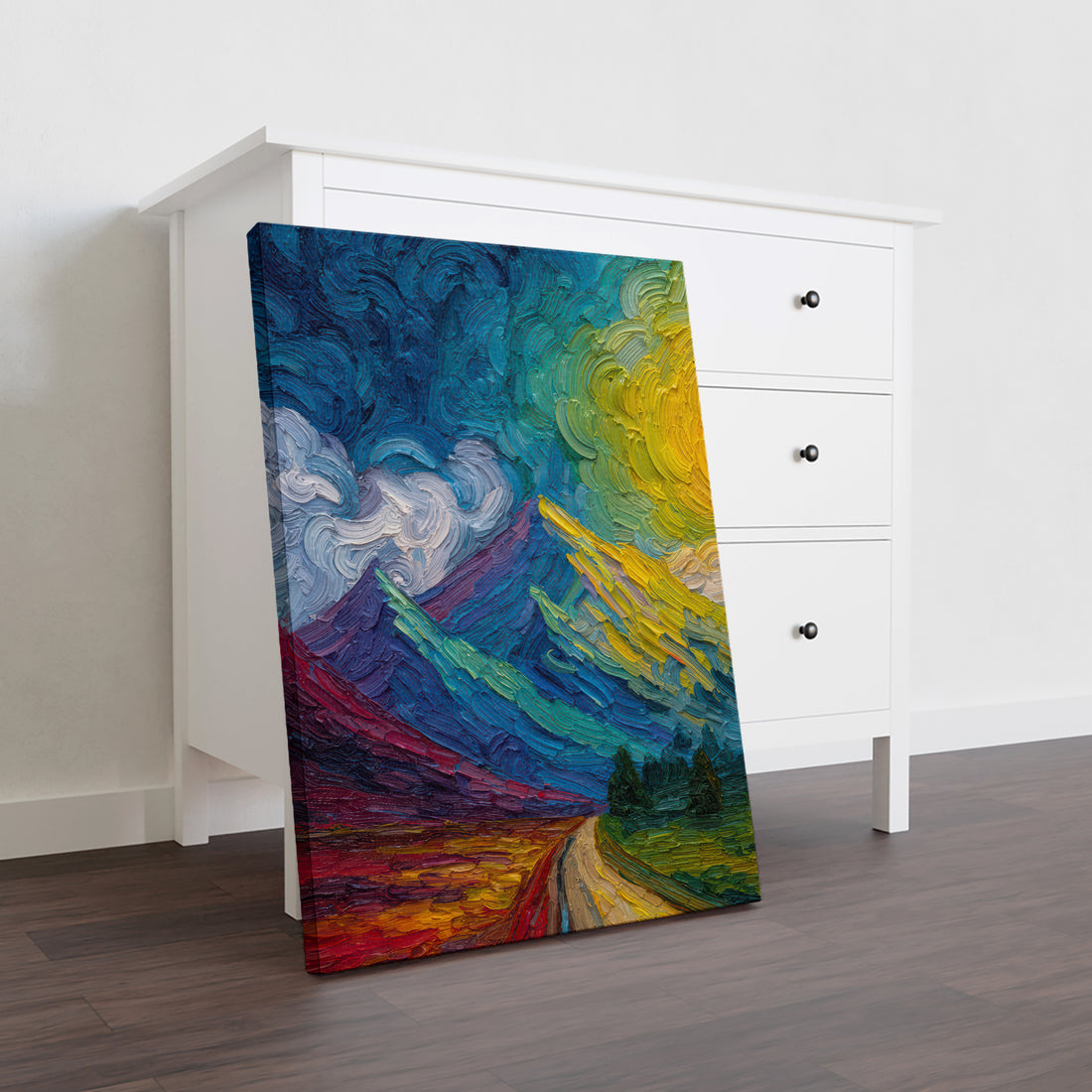 Elevate your living space with this Mountain Landscape Canvas Wall Art, featuring a vibrant impasto oil painting style. The textured brushstrokes and rich colors bring depth and energy to any room, making it an ideal centerpiece for your living room, sofa backdrop, or bedside. Crafted to enhance home decor, this artwork adds a sophisticated yet inviting atmosphere, perfect for those who appreciate fine art and nature-inspired design.