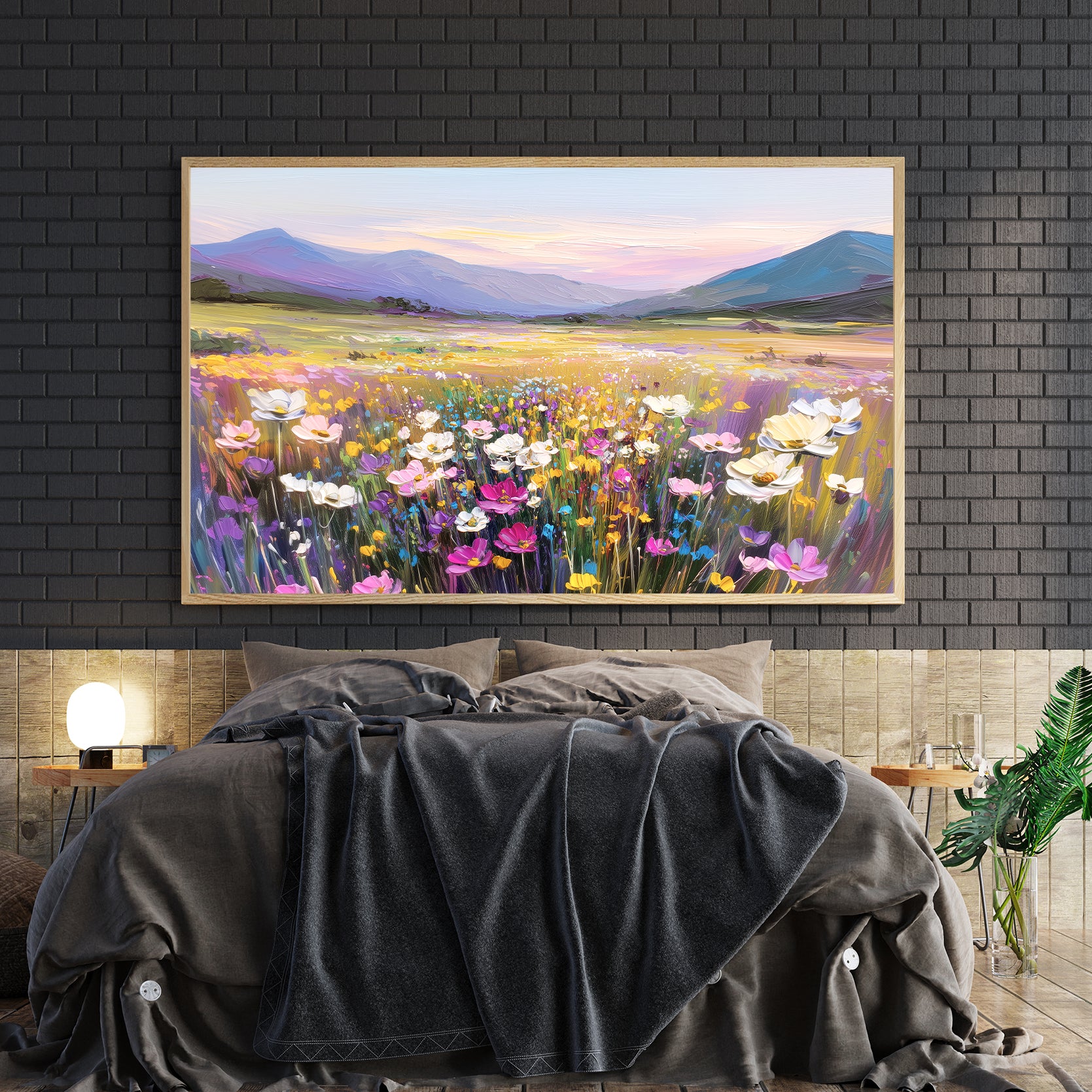 Transform your space with this stunning mountain wildflower field canvas, capturing the warm glow of a golden sunset across rolling peaks and vibrant blooms. The rich, layered landscape brings depth and movement to any room, making it an ideal focal point above your sofa, bed, or living area. 