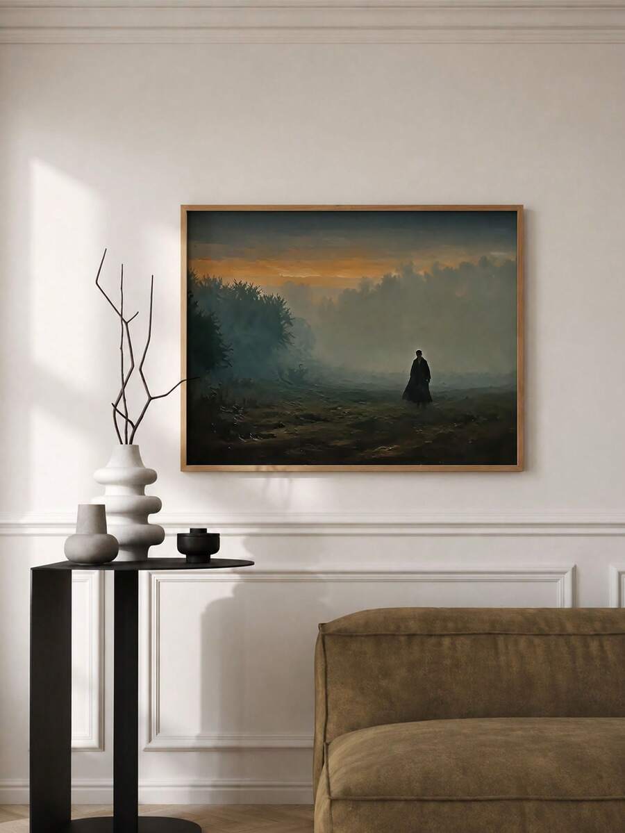 Framed misty woodland painting with a lone figure at golden dusk