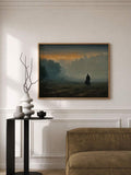 Framed misty woodland painting with a lone figure at golden dusk