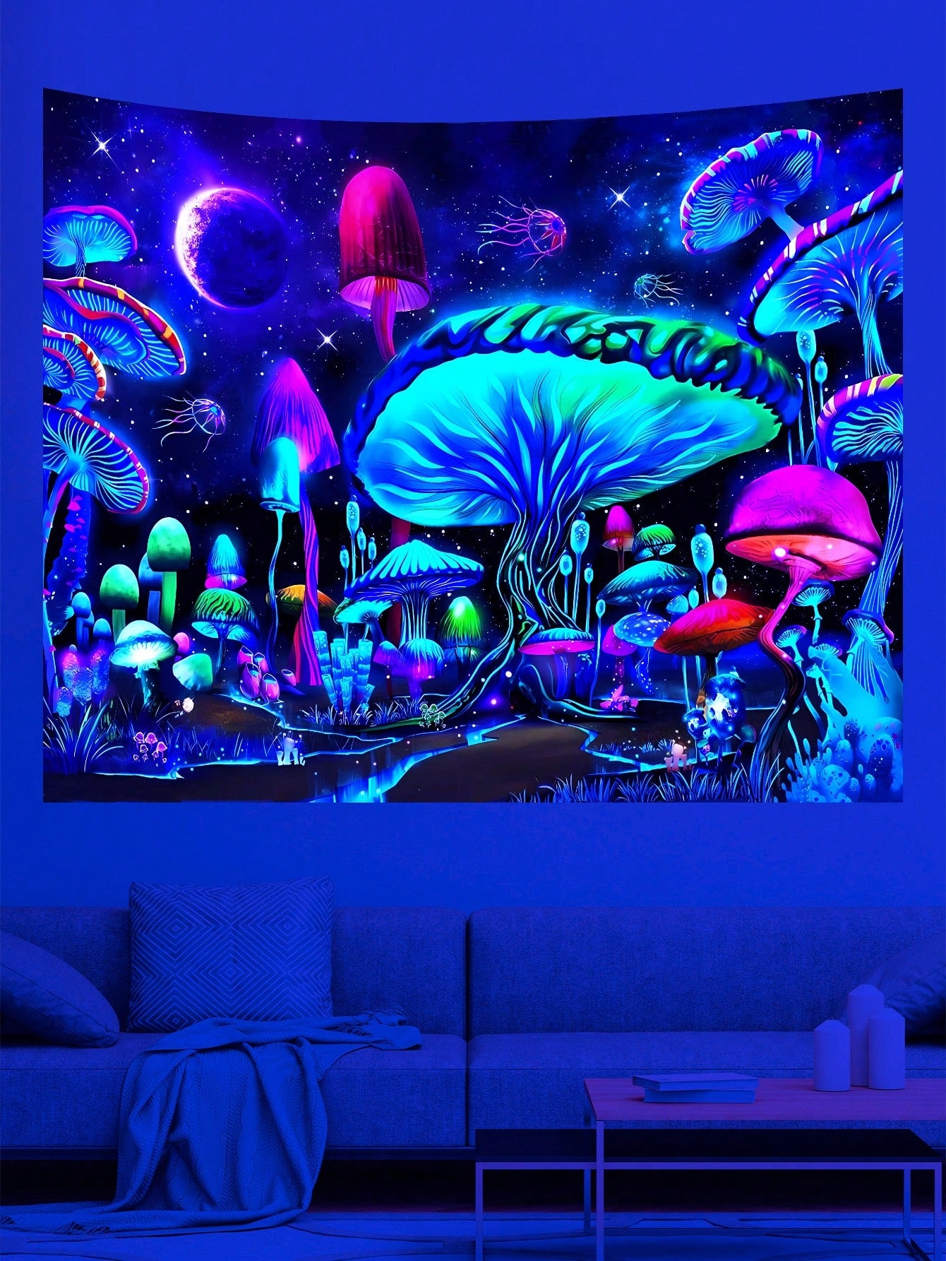 Mushroom Magic: UV Tapestry is the perfect addition to any home or office space. Its unique design brings a touch of nature indoors while its UV material adds a special glow. A must-have for any décor lover.
