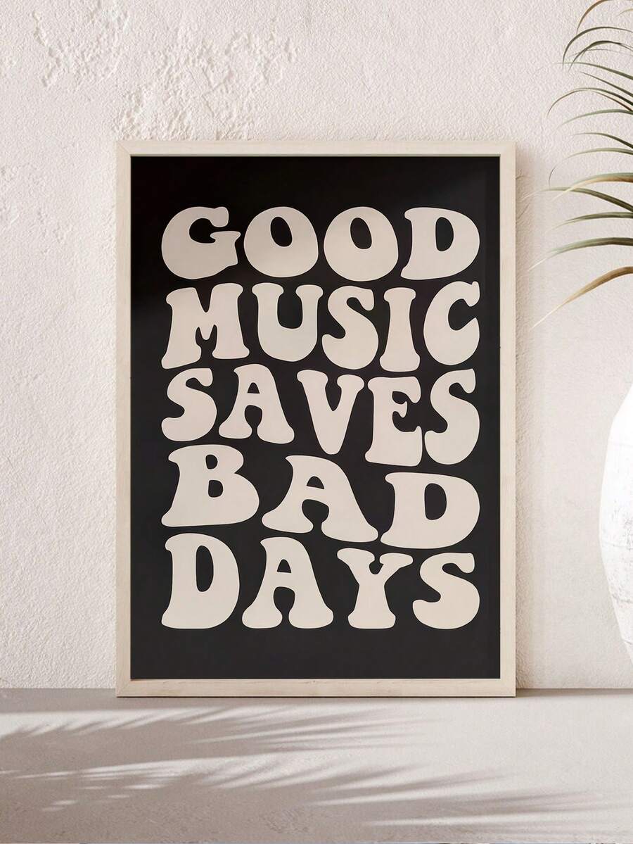 Retro music quote canvas poster with good music saves bad days black bubble lettering