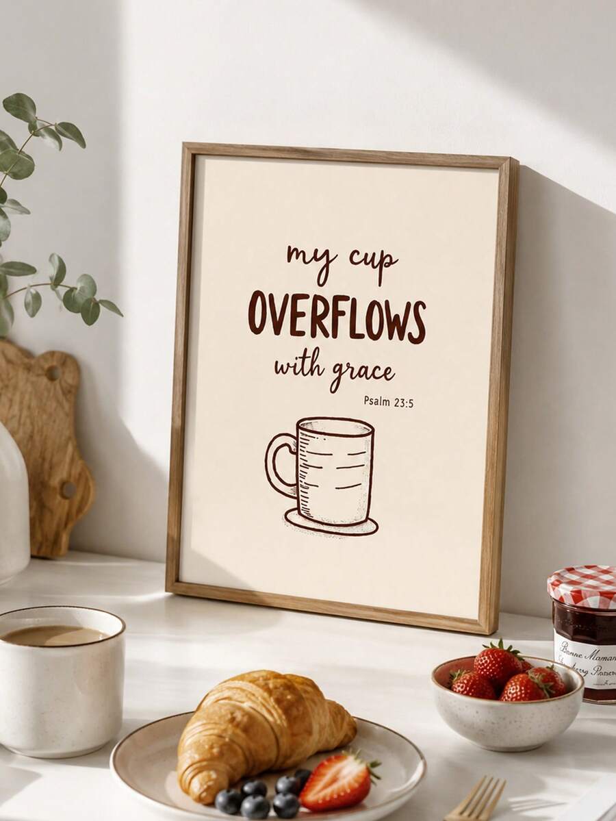 My cup overflows with grace Christian canvas poster framed on a kitchen counter