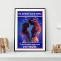 Black-framed mother and child canvas with hearts and pink lettering on a vivid blue galaxy background