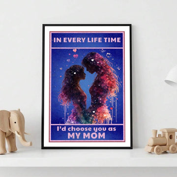 Black-framed mother and child canvas with hearts and pink lettering on a vivid blue galaxy background