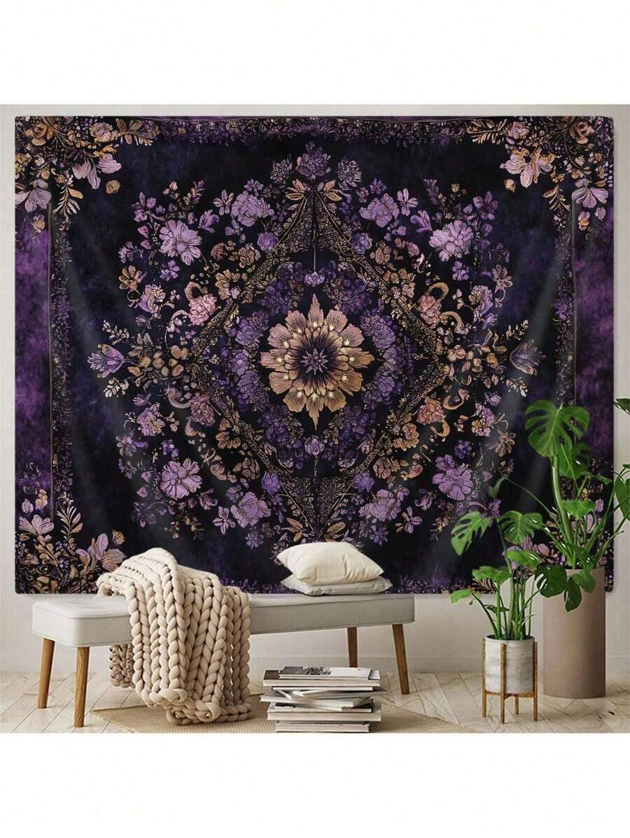 Purple gold floral mandala tapestry displayed above sofa