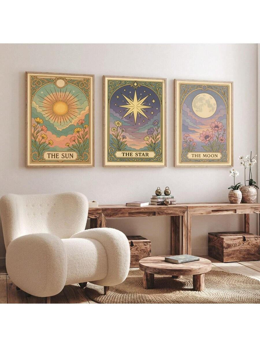 Transform your space with this captivating Mystical Astrology Canvas Art. Featuring enchanting sun, moon, and star designs with tarot-inspired graphics, this unframed canvas painting brings boho elegance to any room. The multicolor graphic and letter pattern creates visual interest while maintaining a modern aesthetic.