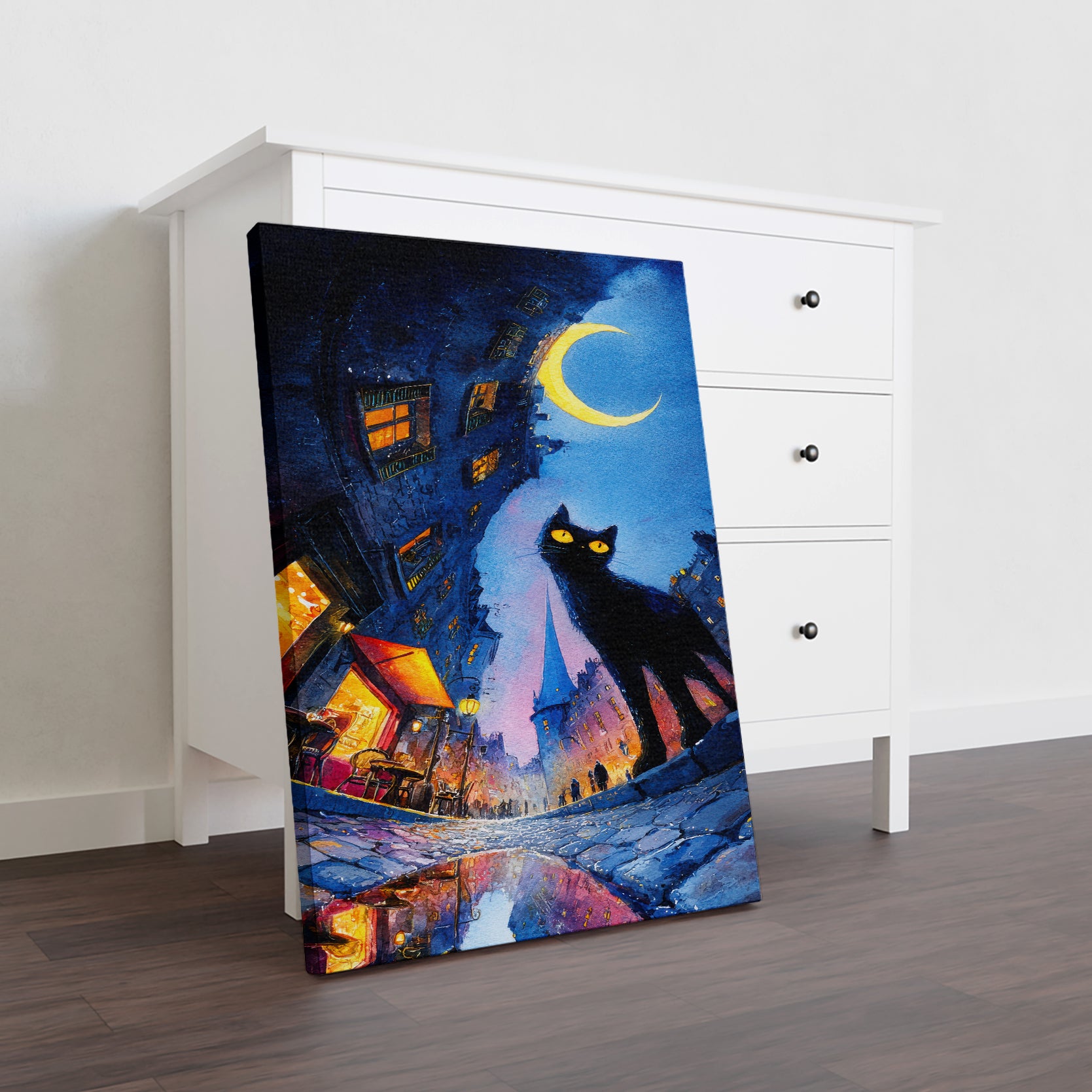 Elevate your interior with this captivating black cat wall art, featuring a mystical feline silhouetted against an atmospheric night city backdrop. This canvas print combines contemporary urban aesthetics with enigmatic charm, making it an ideal focal point for living rooms, bedroom walls, or spaces above sofas.