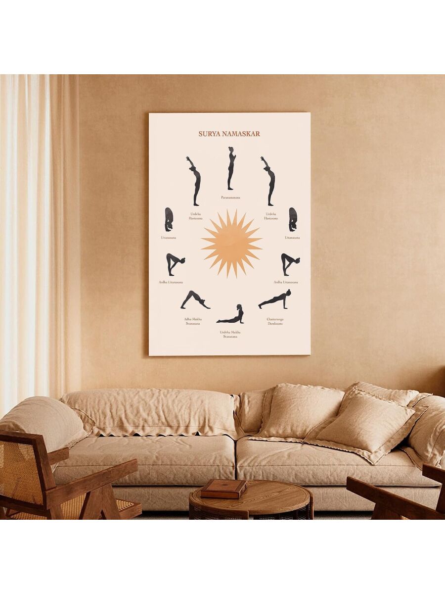 Enhance the peaceful ambiance of your living space with Namaste in Style's Abstract Surya Yoga Canvas Art. The intricate design and calming colors inspire zen and tranquility. Perfect for any yoga enthusiast or anyone seeking a serene environment. Made with high-quality canvas for a long-lasting addition to your interior design.