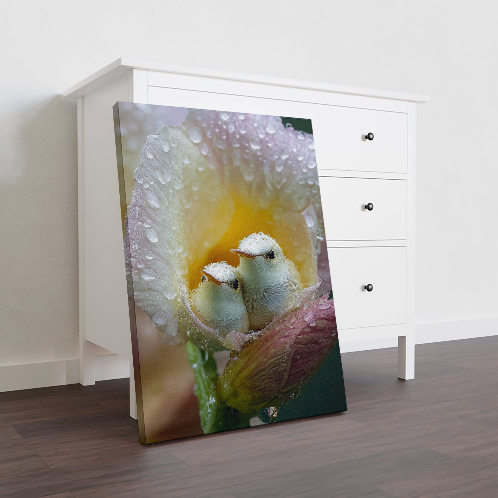 Bring serene natural beauty into your home with this exquisite canvas wall art featuring delicate baby birds nestled among dewy flowers. The soft, detailed composition creates a calming focal point perfect for living rooms, bedrooms, or above sofas. This nature-inspired piece combines artistic elegance with peaceful imagery, transforming any space into a tranquil sanctuary.