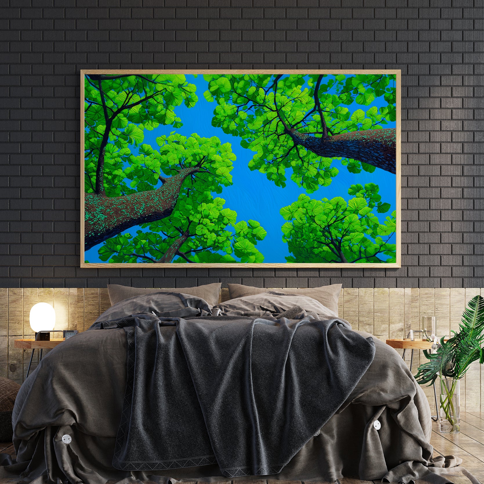 Bring serene natural beauty into your home with this captivating canvas wall art. Featuring lush green tree branches gracefully set against a tranquil blue sky, this piece creates an instant focal point that transforms any room. The calming color palette and organic composition make it ideal for living rooms, bedrooms, or above sofas, promoting relaxation and visual interest.