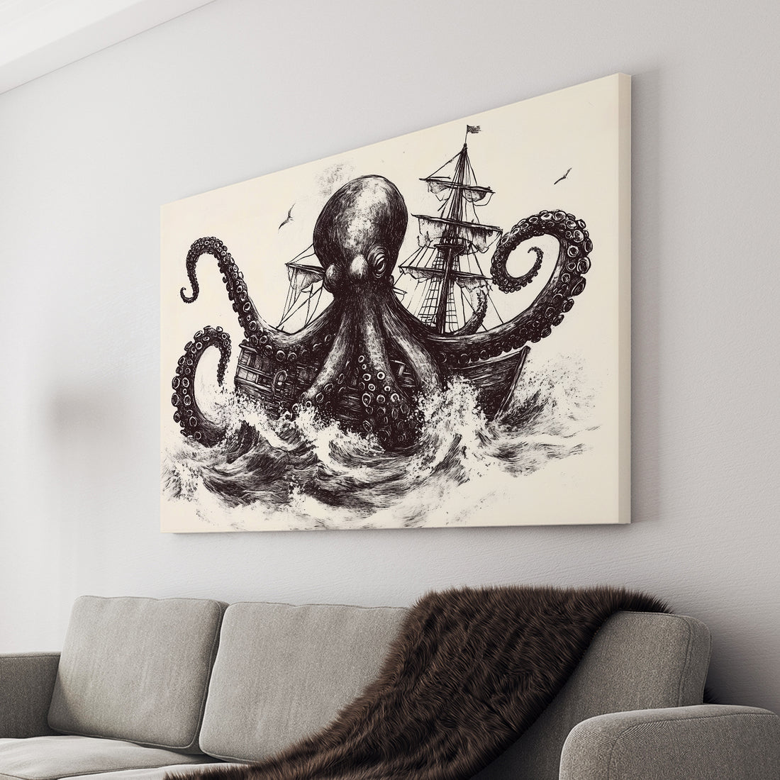 Elevate your home decor with our Nautical Octopus Canvas Wall Art. This stunning black and white ship print adds a touch of elegance to any living room, sofa backdrop, or bedside. With its nautical theme, it brings a sense of adventure and sophistication to your space.