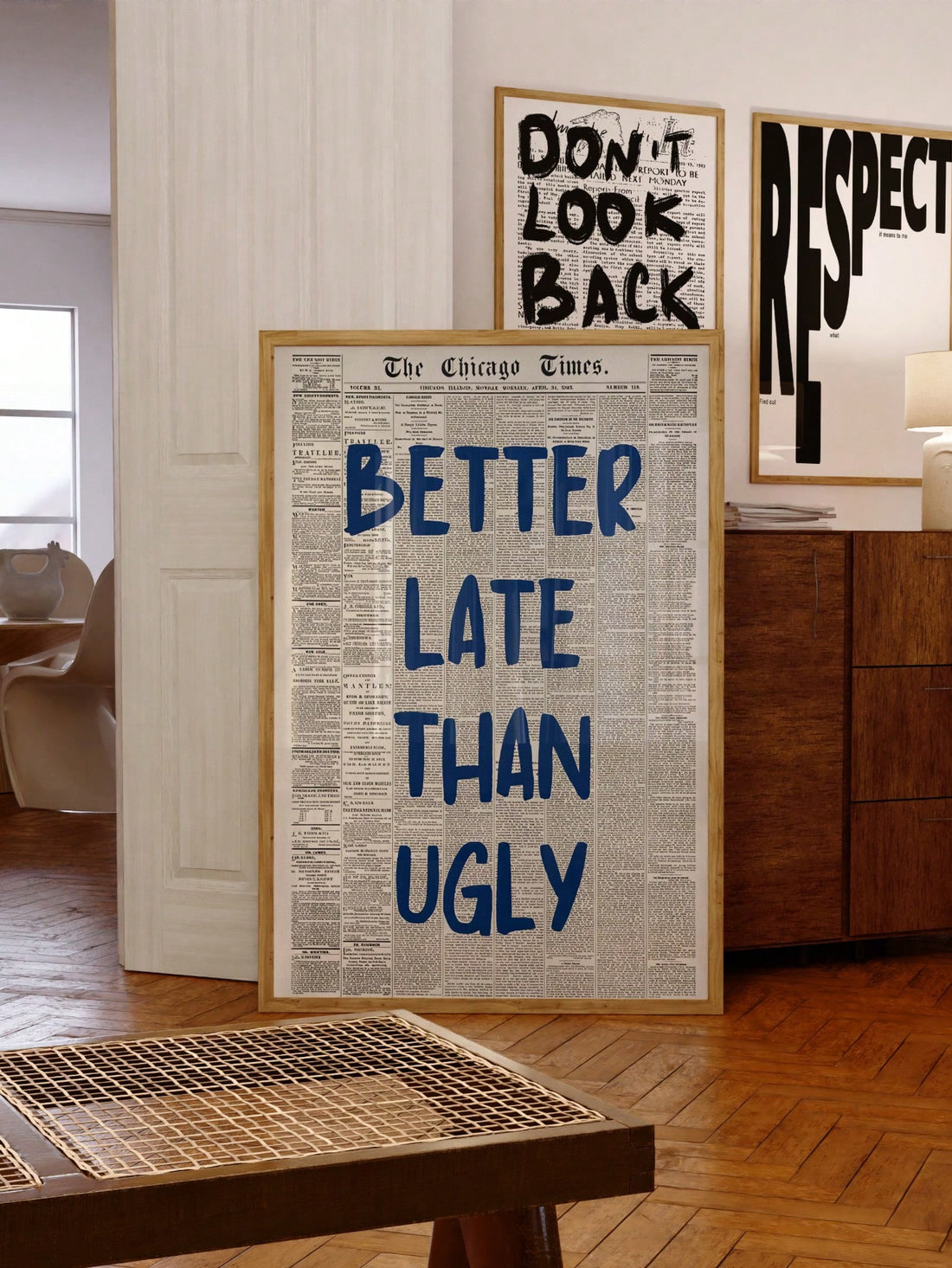 Navy Blue Retro Newspaper Print Wall Decor - "Better Late Than Ugly" Aesthetic Poster for Dorm and Office Rooms Transform your space with this vintage-inspired wall poster featuring classic newspaper typography and witty messaging. 