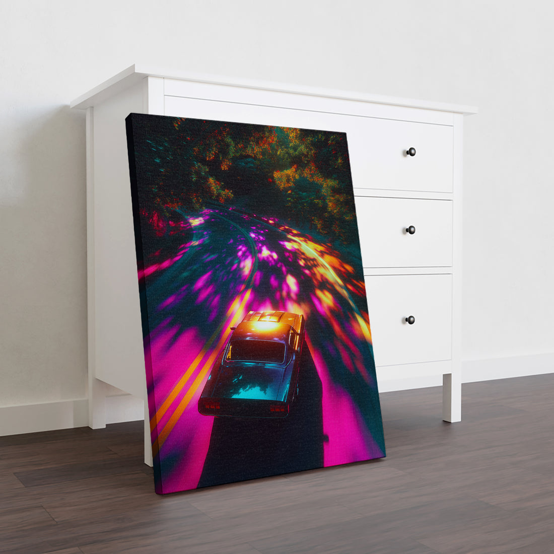 Transform your space with this striking neon-inspired canvas art featuring a high-speed car racing through a luminous night landscape. Rendered in bold pink and orange neon tones against a dark backdrop, this modern print captures the energy and excitement of urban nightlife.