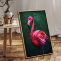 Neon pink flamingo wall art with emerald green botanical background