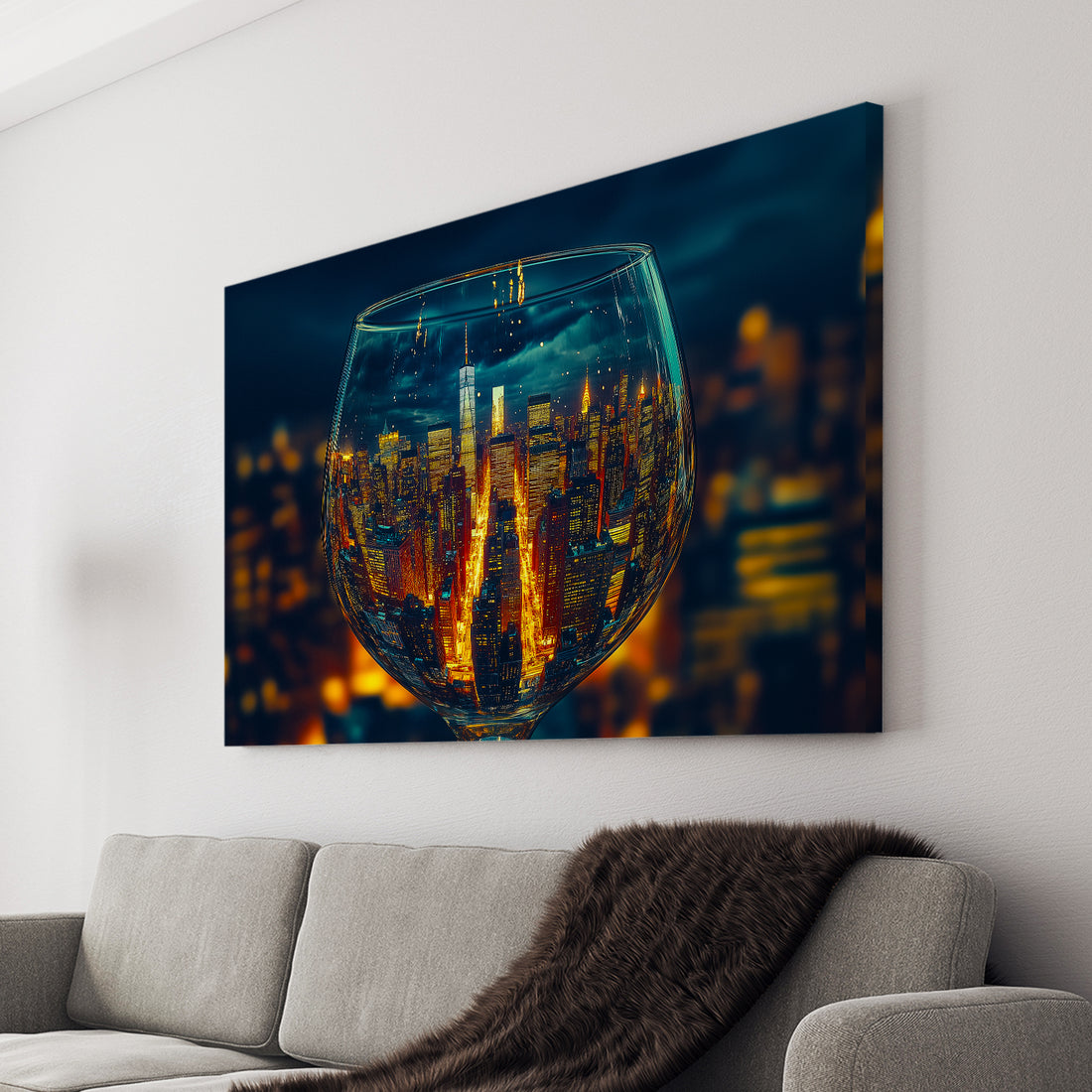 Bring the beauty of New York City into your home with this stunning canvas wall art. Featuring a wine glass reflection, this piece will add a touch of sophistication and elegance to any living room, sofa backdrop, or bedside decoration. Elevate your home decor with this exquisite addition.