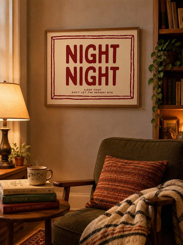 Night Night wall art with deep red typography