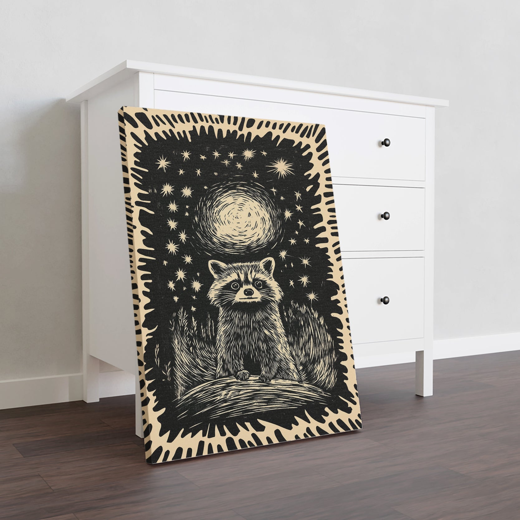 Enhance your living room, sofa backdrop or bedside decor with our Night Sky Raccoon Wall Art. This Black and Cream Woodcut Print adds a touch of nature and sophistication to any space. Expertly crafted, this unique piece is sure to capture attention and elevate your home decor.