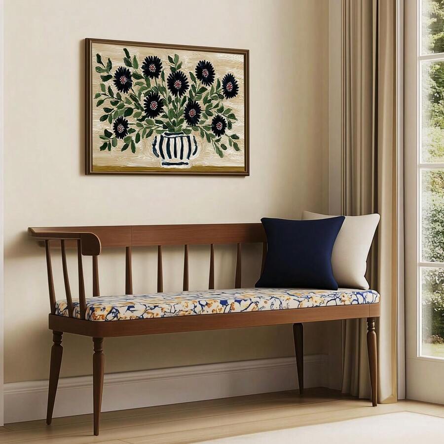 Framed Nordic botanical canvas poster with black flowers and blue striped vase