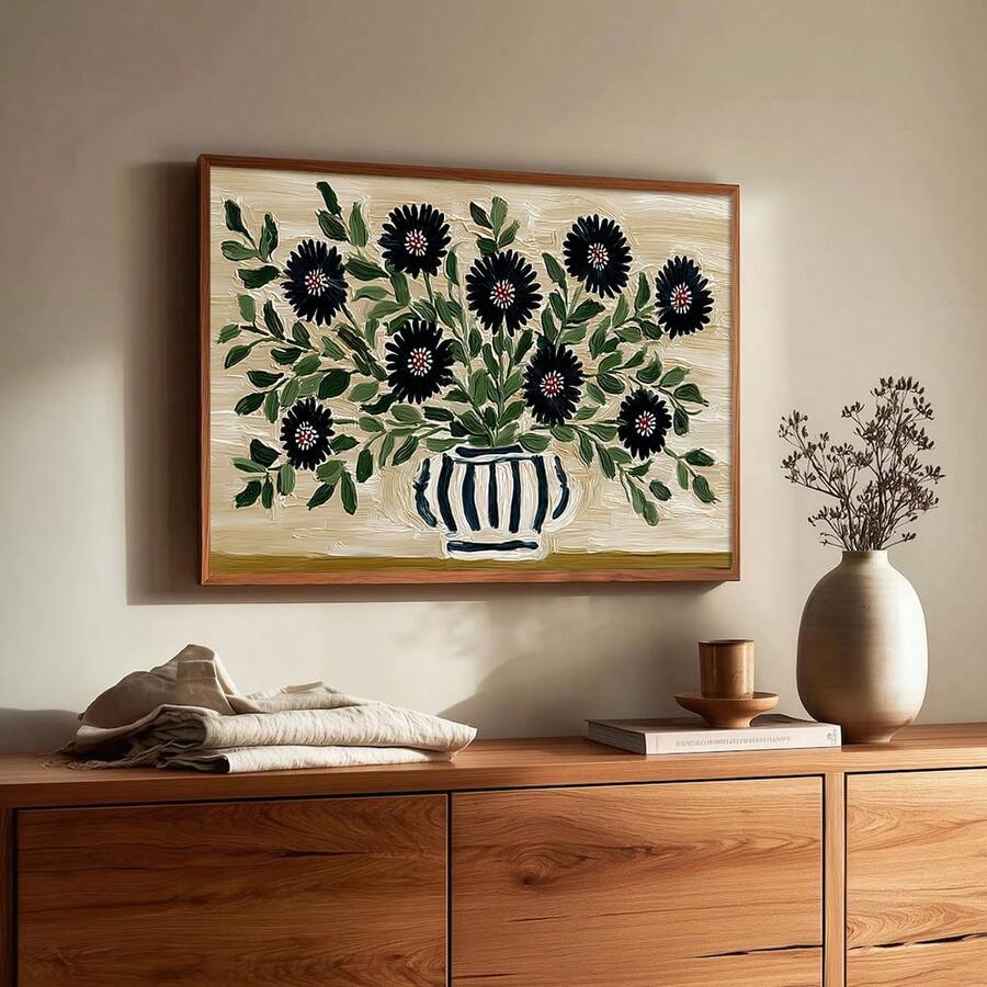 Framed Nordic botanical canvas poster with black flowers and blue striped vase