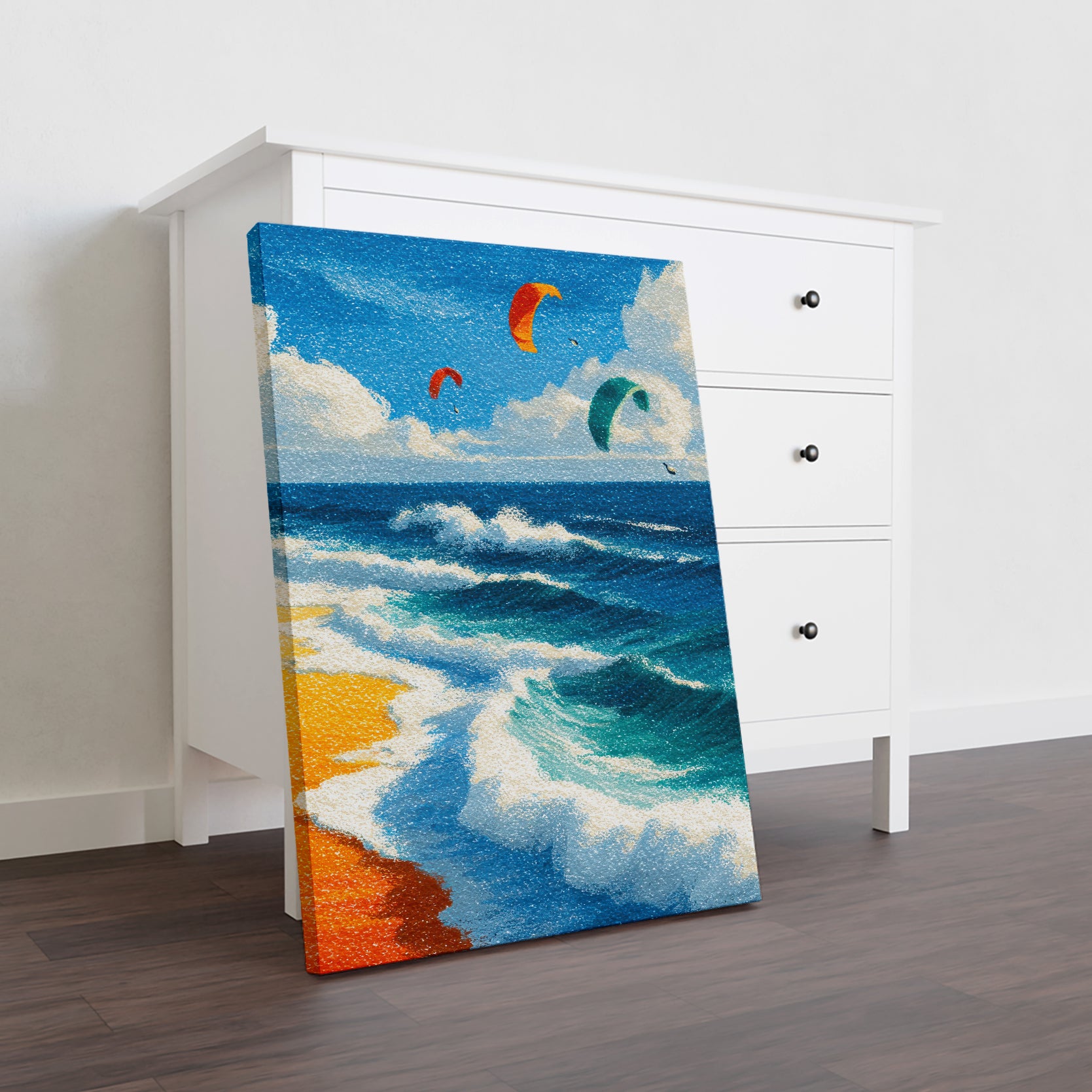 Transform your space with this striking ocean beach canvas that captures the dynamic energy of kitesurfing against dramatic coastal waves. This seascape print brings the raw beauty of the sea indoors, featuring vibrant blues and natural tones that complement any interior aesthetic. Perfect for living rooms, above sofas, or beside bedroom walls, this artwork serves as a sophisticated focal point that evokes the freedom and adventure of coastal living. The high-quality canvas construction ensures lasting colo
