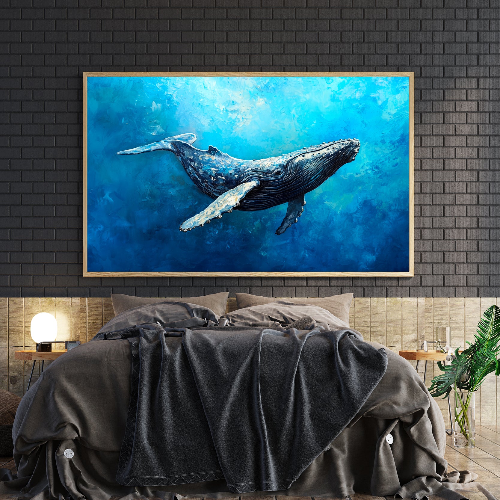 Dive into the majesty of ocean life with this striking humpback whale canvas art. Rendered in rich ocean blues and aquatic tones, this underwater marine painting captures the grace and power of these magnificent creatures in their natural habitat. Perfect for creating a serene focal point in your living room, above your sofa, or beside your bed, this piece brings coastal tranquility and sophisticated elegance to any space.
